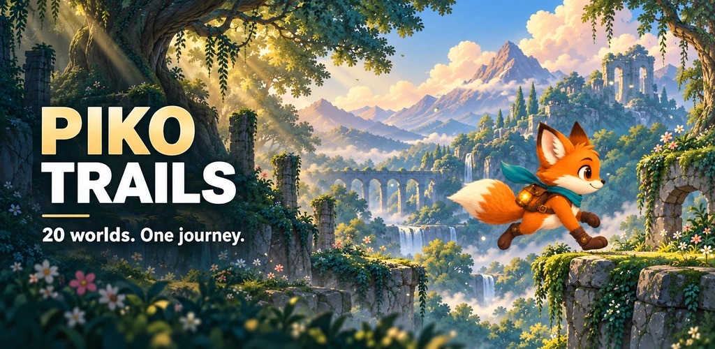 Piko the fox sets out through a lush painted forest toward distant ruins