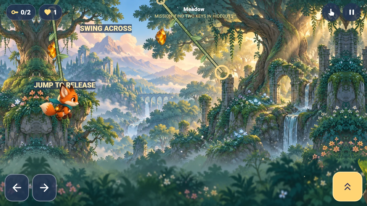 Piko jumping between platforms and vines in a green forest