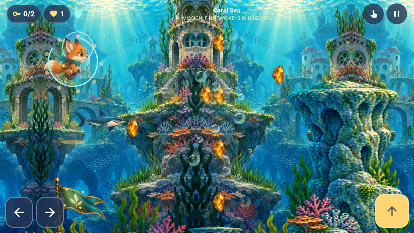 Piko swimming past coral and underwater hazards